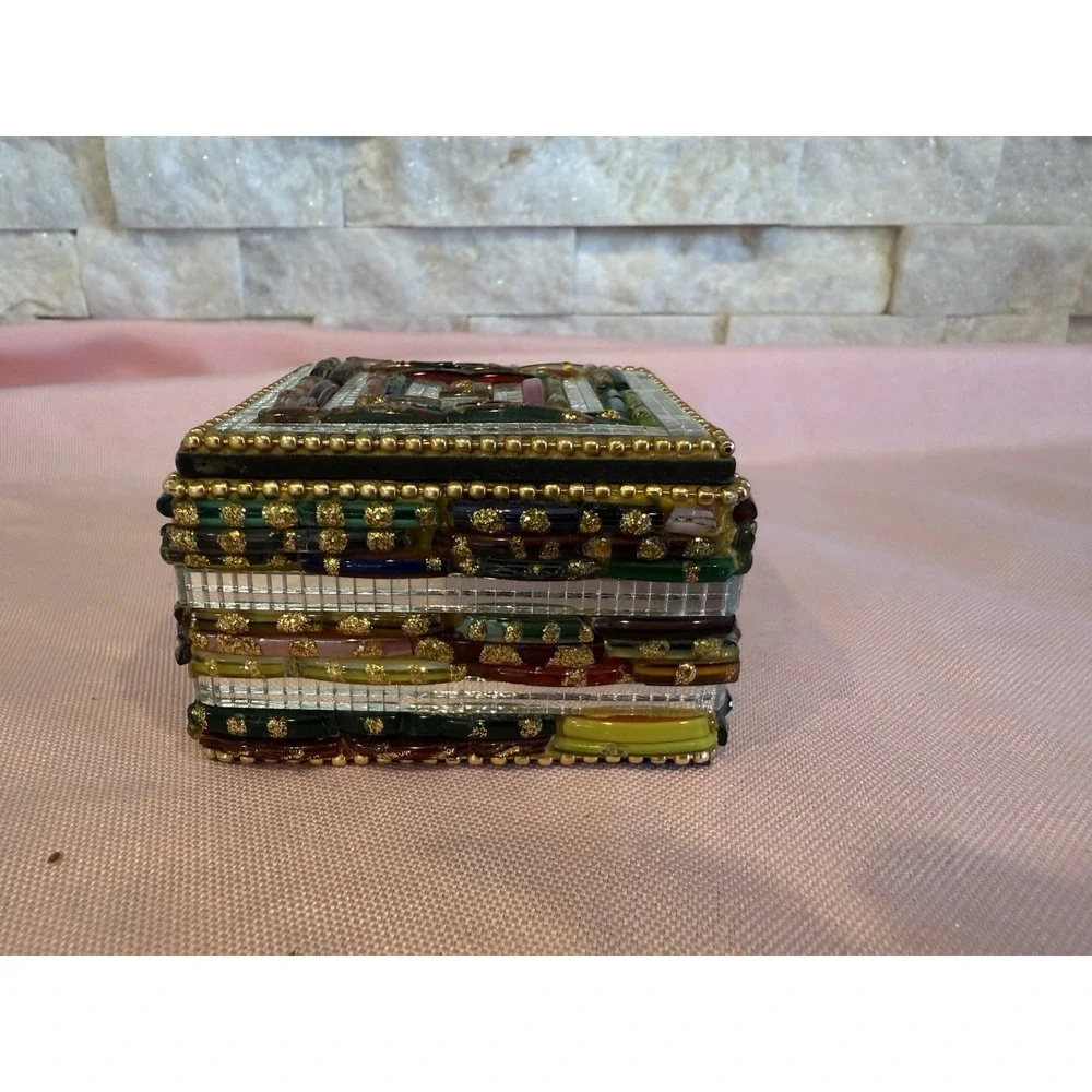 Stone Beaded Mirrored Trinket Box with Lid Vintage Made in India