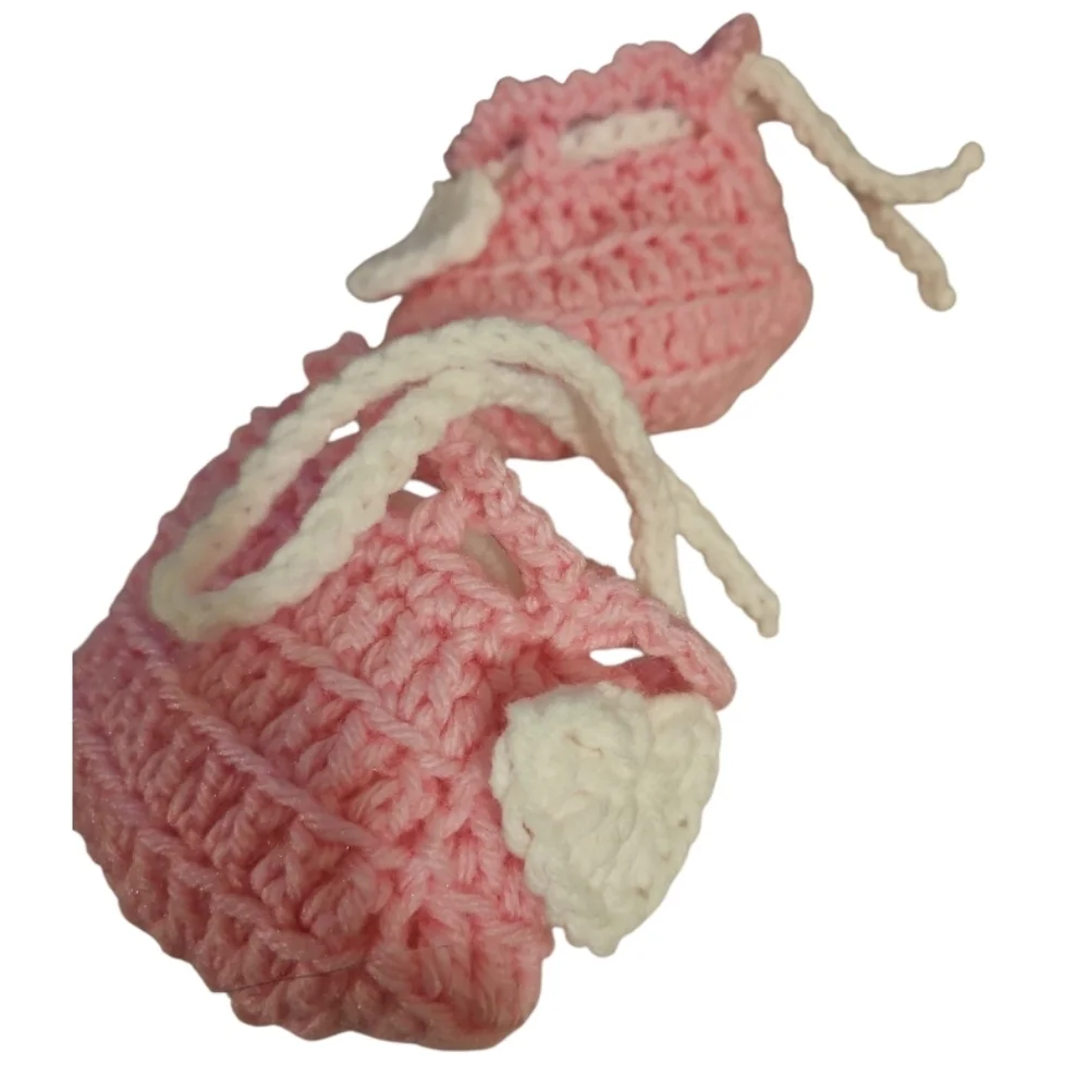 Hand Crafted Pink Crochet Baby Booties with Heart Design hand Knit Handmade 5