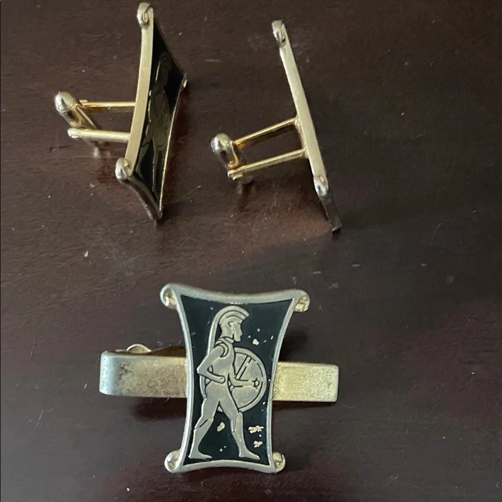 SWANK Gold and Black Warrior Cufflinks and Tie Clip Set