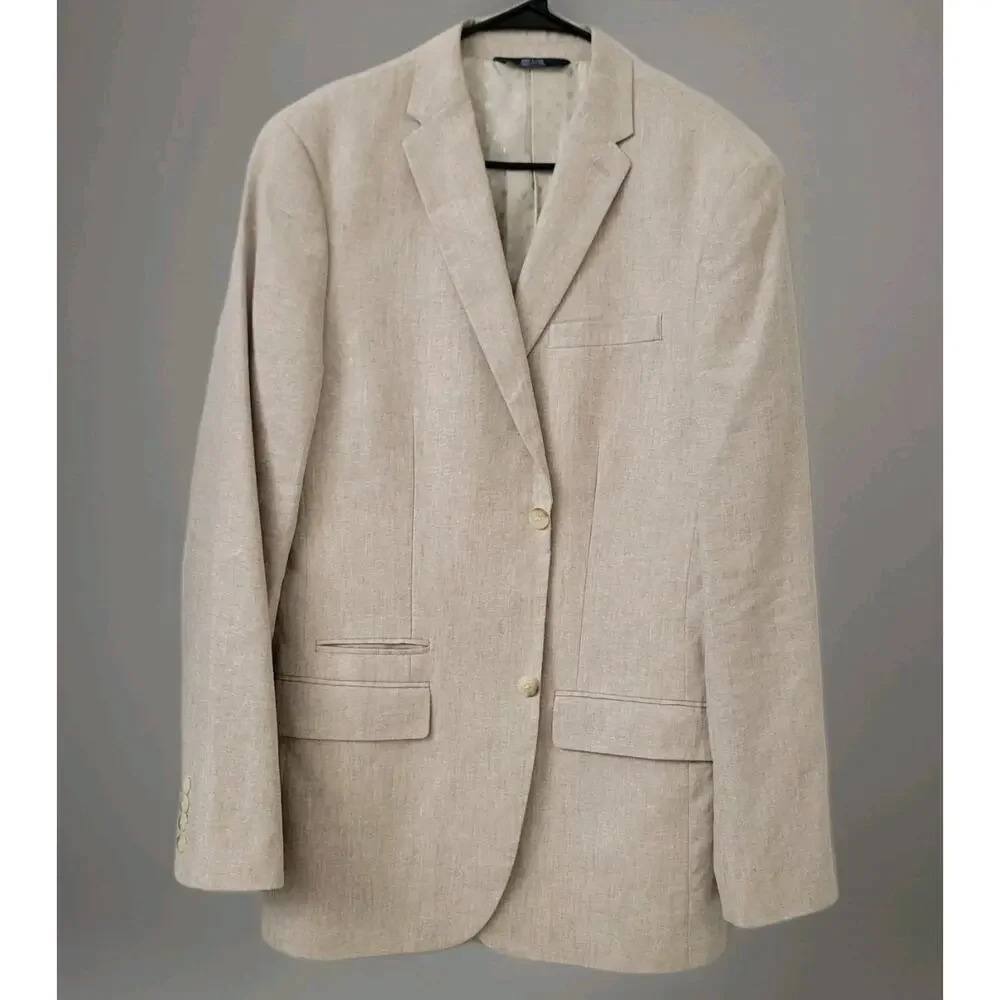 Perry Ellis Men's Linen Cotton Blazer Sport Coat Jacket Khaki Tan Sz 40 Long