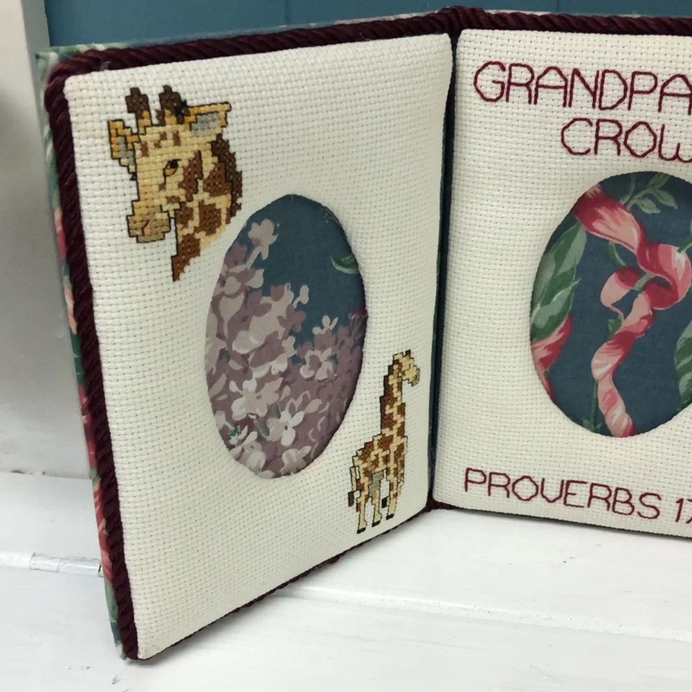 Handmade Cross Stitch picture frame Grandparents Crowns Proverbs 17:6‎ giraffes