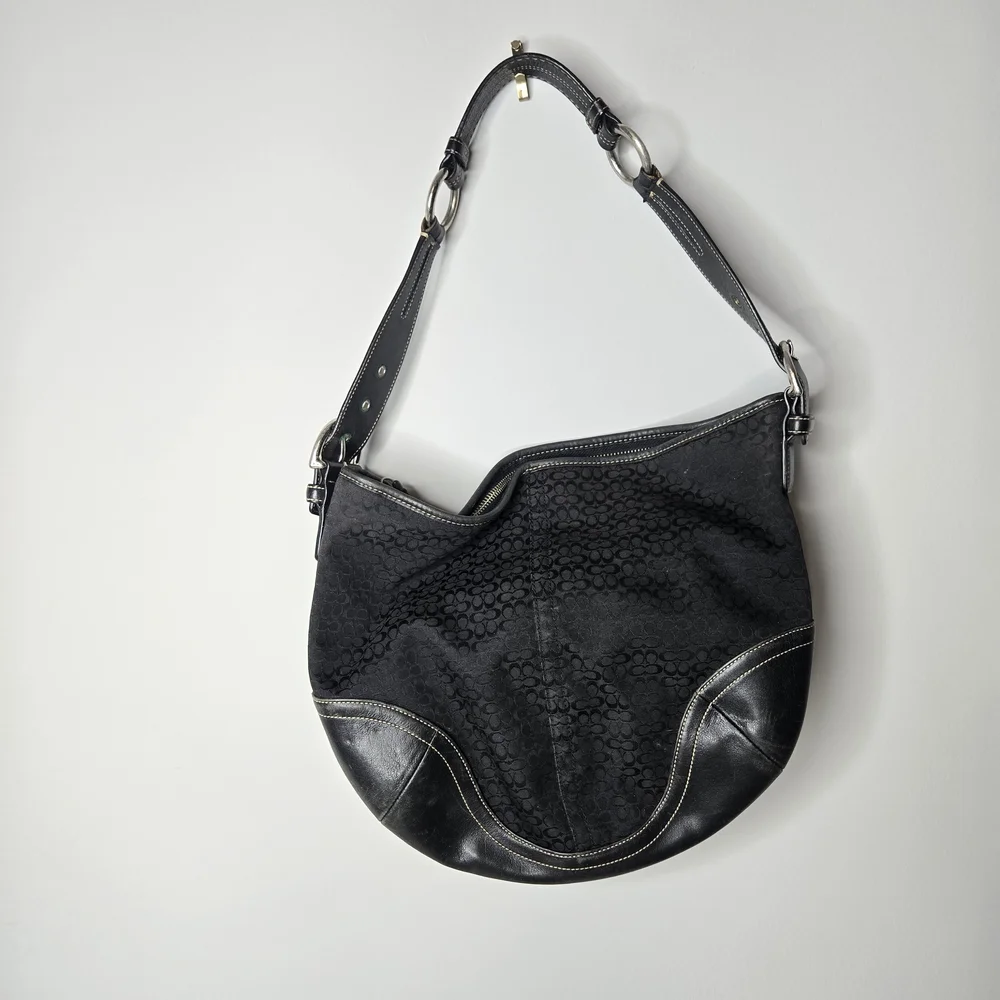 Coach Black Signature Jacquard Leather Trim Hobo Shoulder Bag A05N-1461