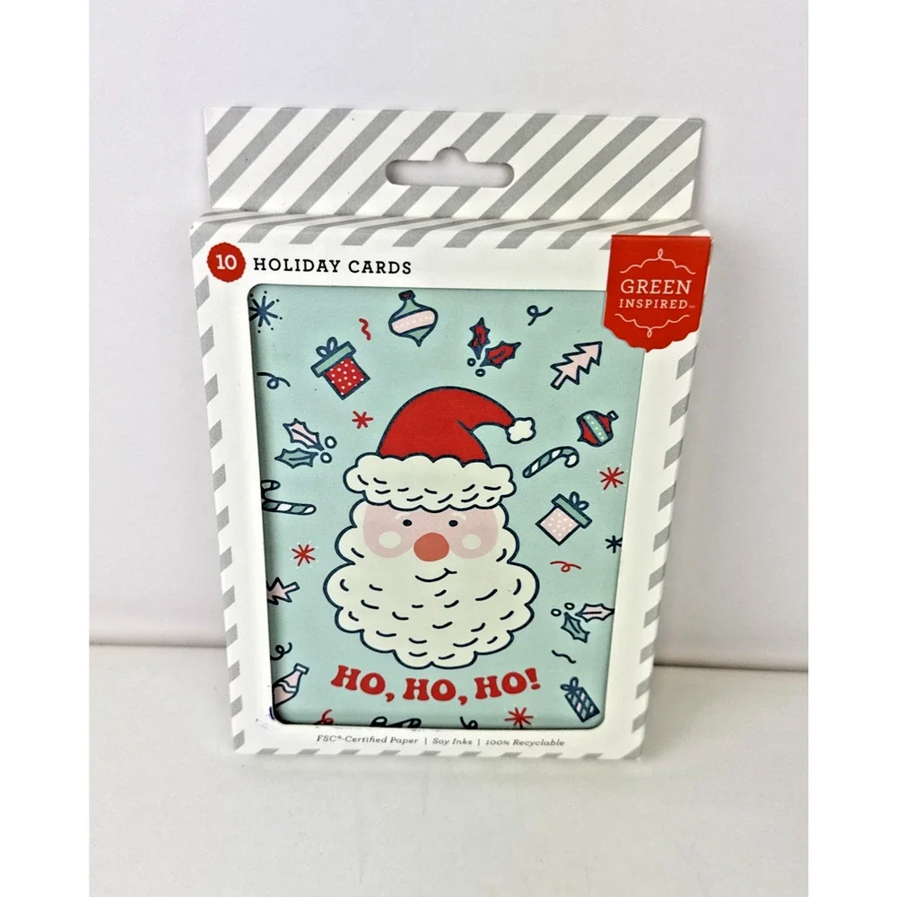 New Green Inspired Holiday Note Cards White Envelopes Santa Christmas 10ct Ho Ho