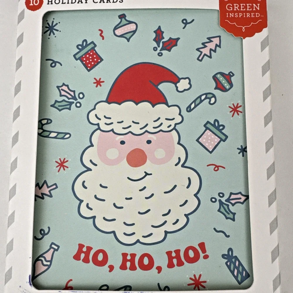 New Green Inspired Holiday Note Cards White Envelopes Santa Christmas 10ct Ho Ho