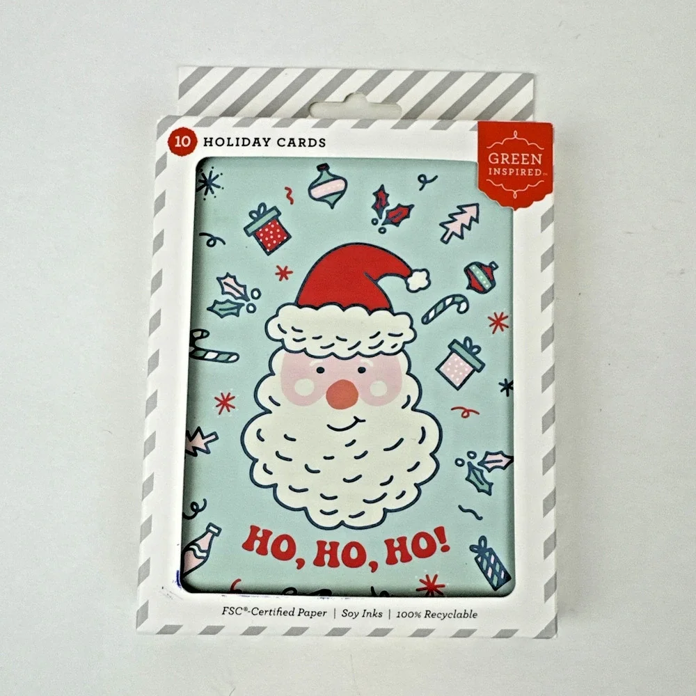 New Green Inspired Holiday Note Cards White Envelopes Santa Christmas 10ct Ho Ho