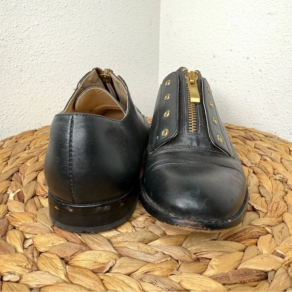 Carmen Marc Valvo Oxfords Black leather Zipper Laceless Shoes Academia womens