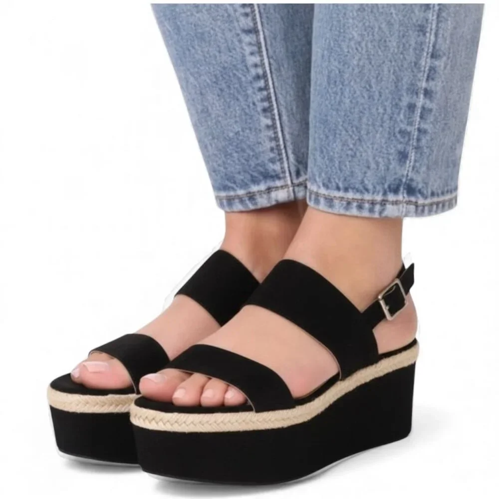 Alice + Olivia Anastasia Flatforms Suede Platform Sandals Jute Trim Black 7.5