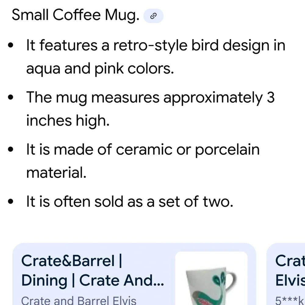 Crate&Barrel Elvis swift bird, White Mug with Teal and Pink Bird Design