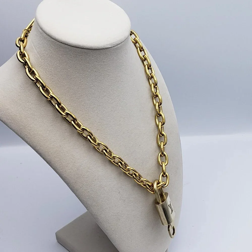 Authentic Louis Vuitton Gold Padlock w/Unbranded Stainless Steel Chain Necklace
