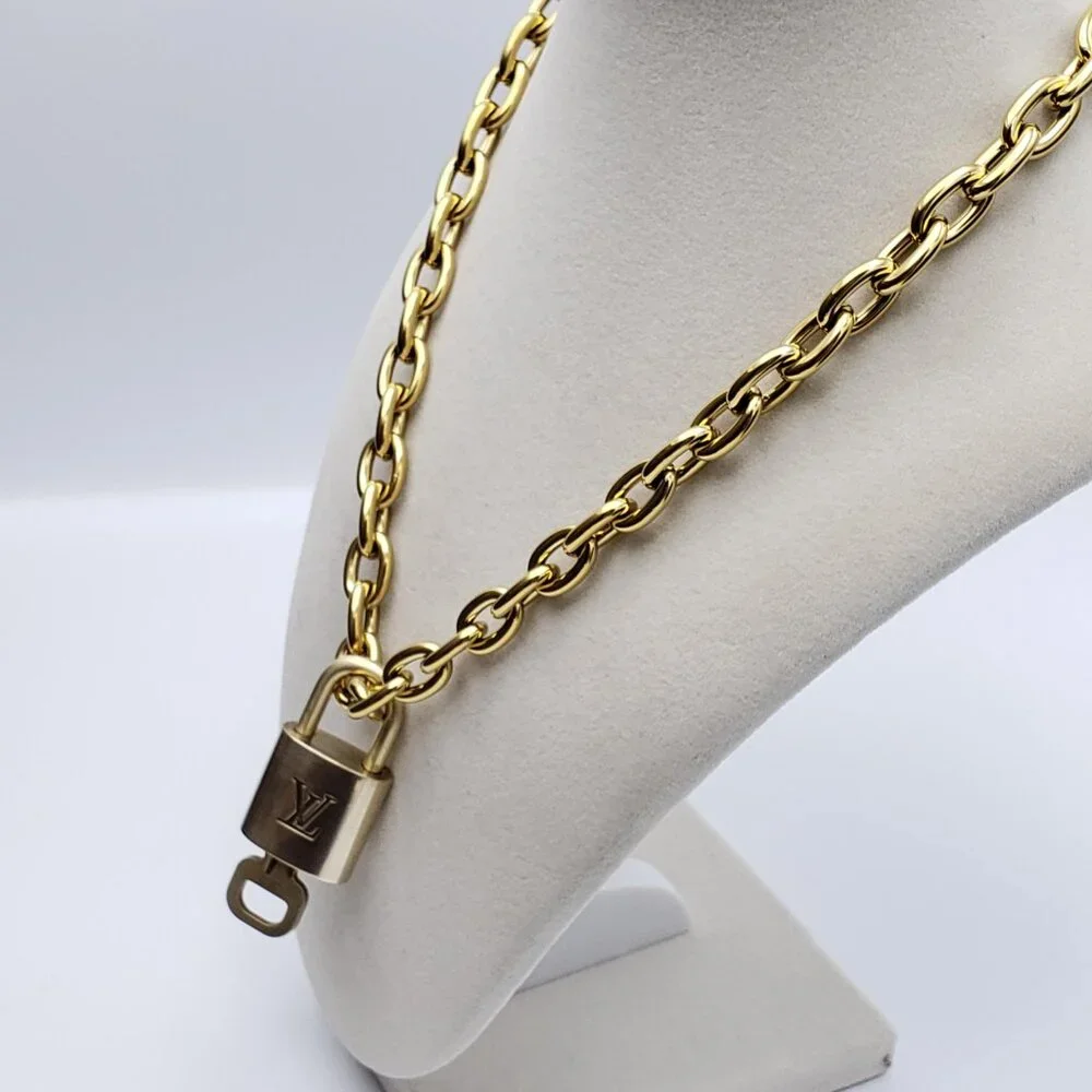 Authentic Louis Vuitton Gold Padlock w/Unbranded Stainless Steel Chain Necklace