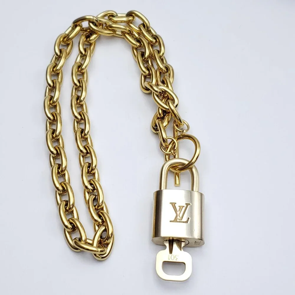 Authentic Louis Vuitton Gold Padlock w/Unbranded Stainless Steel Chain Necklace