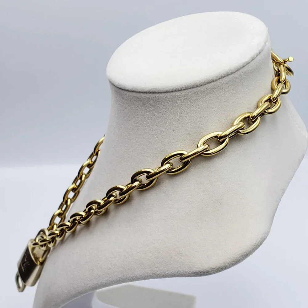 Authentic Louis Vuitton Gold Padlock w/Unbranded Stainless Steel Chain Necklace
