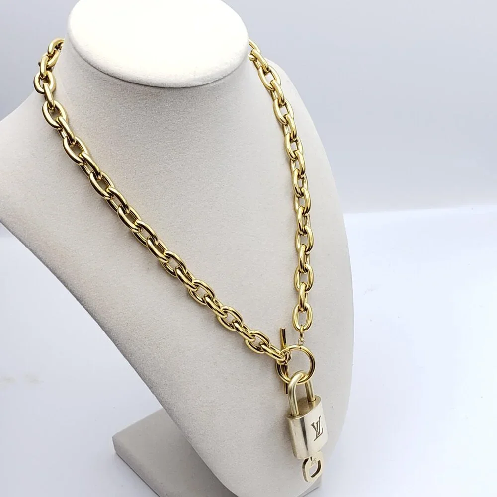 Authentic Louis Vuitton Gold Padlock w/Unbranded Stainless Steel Chain Necklace