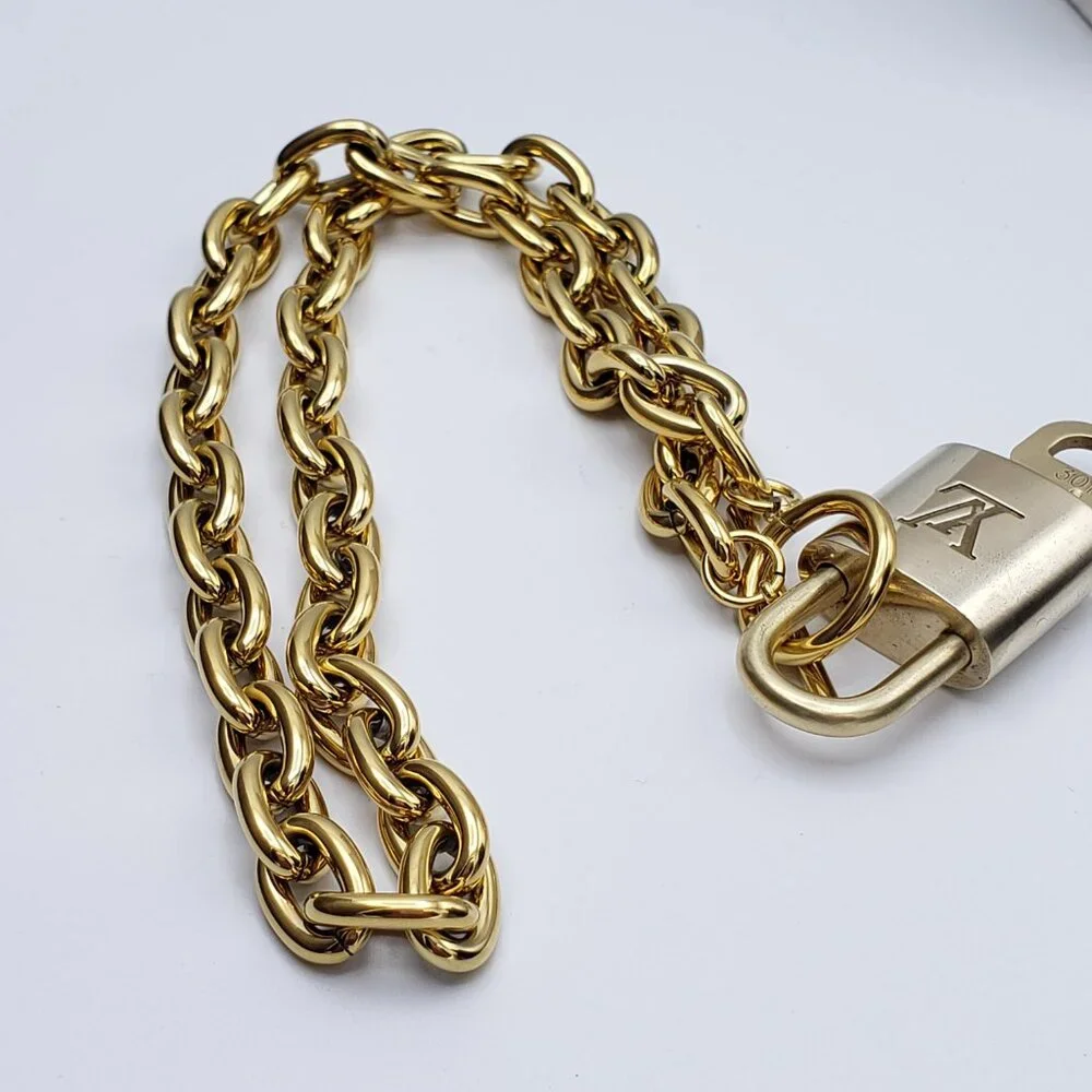 Authentic Louis Vuitton Gold Padlock w/Unbranded Stainless Steel Chain Necklace