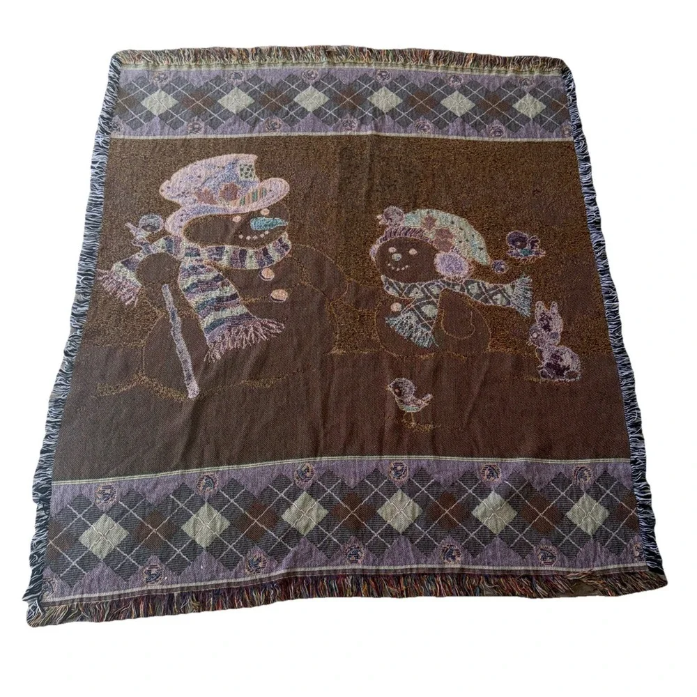 Christmas Winter Woven Tapestry Throw Snowman Fringe Woodland Creatures 52X47 In