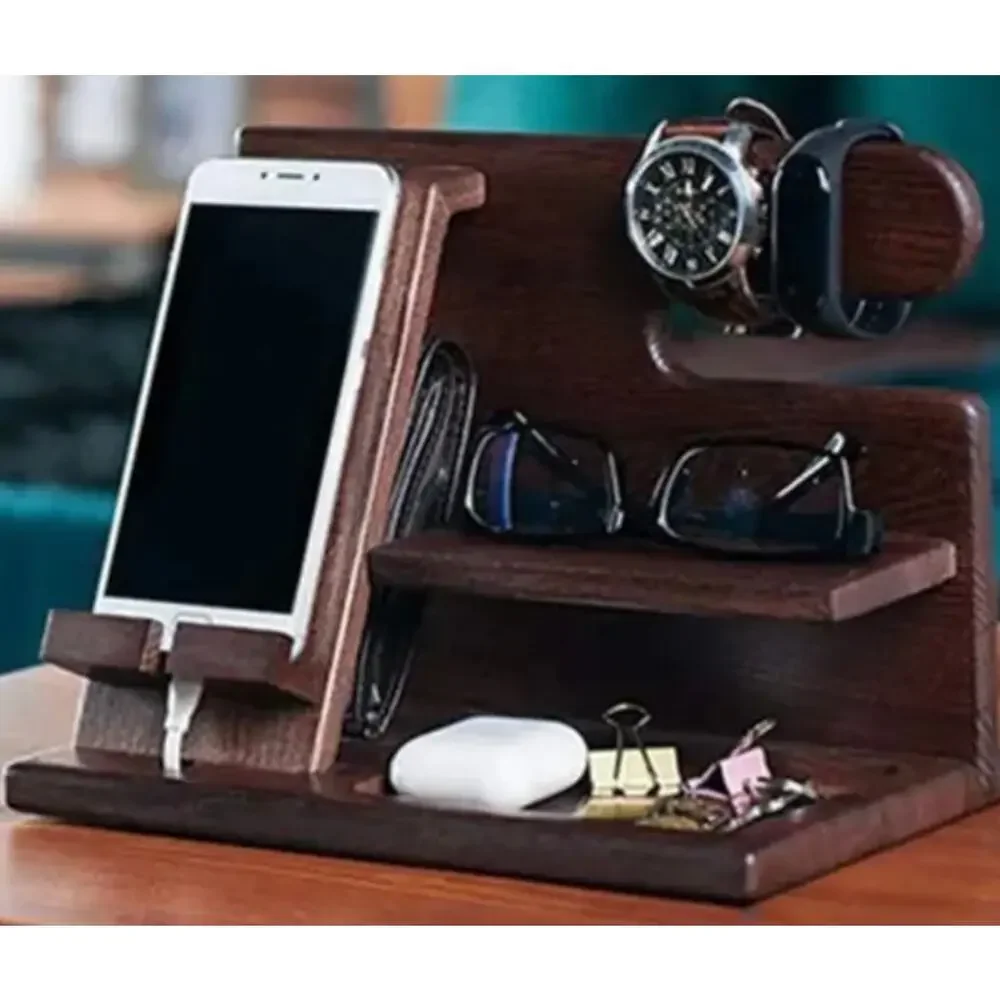 Wood Phone Docking Station Holder Bedside Organizer Wooden Storage Racks NEW