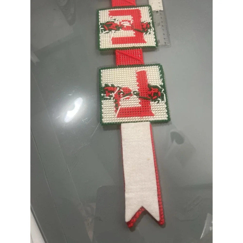 Vintage Hand Stitched Needlepoint NOEL Christmas Wall Door Hanger Holiday Decor