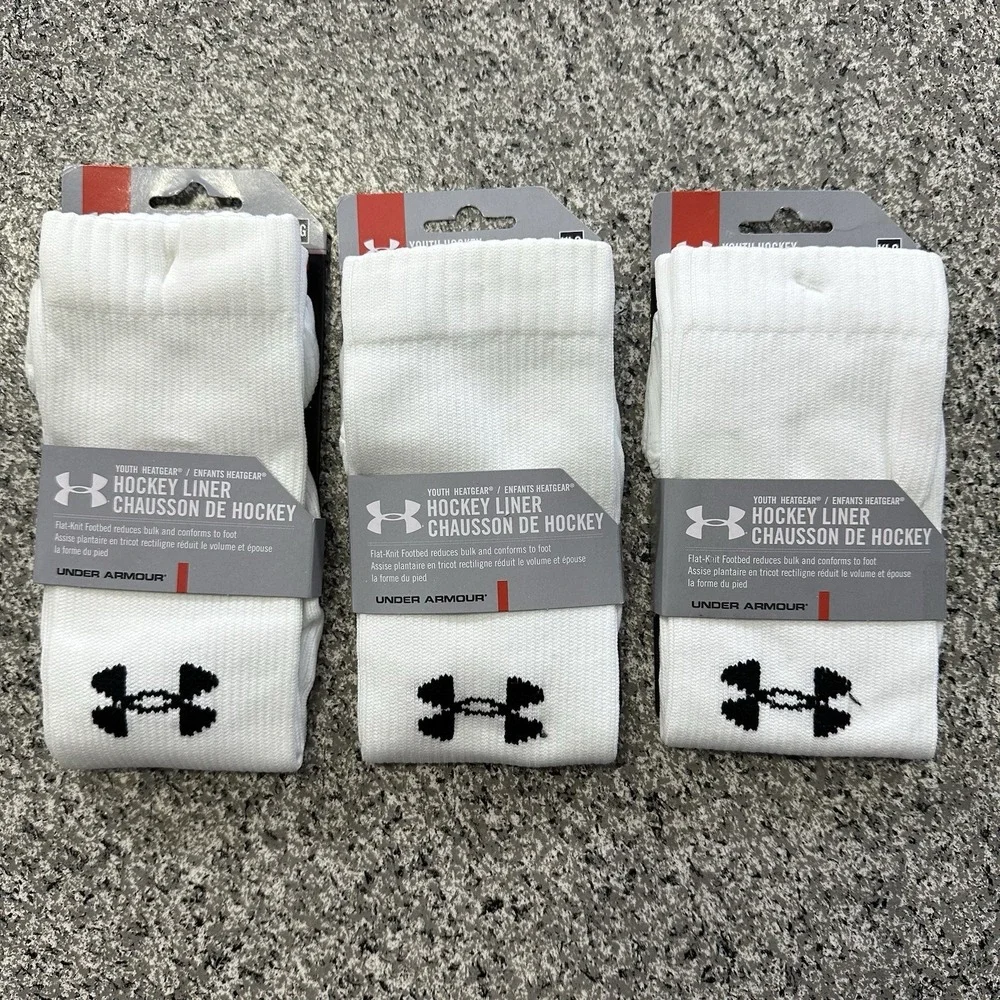 Under Armour Hockey Socks Liner Youth Large White Lot of 3 Pairs UA OTC 1-4Y
