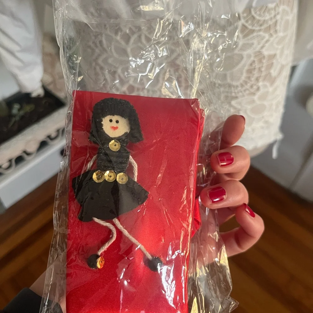 NWT Red women Tie with handmade Doll brooch and pin Accessory