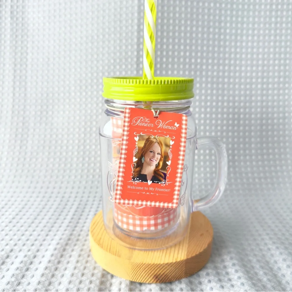 Pioneer Woman Ree Drummond Clear Mason Jar Mug W/ Lid & Straw 16oz Country Decor