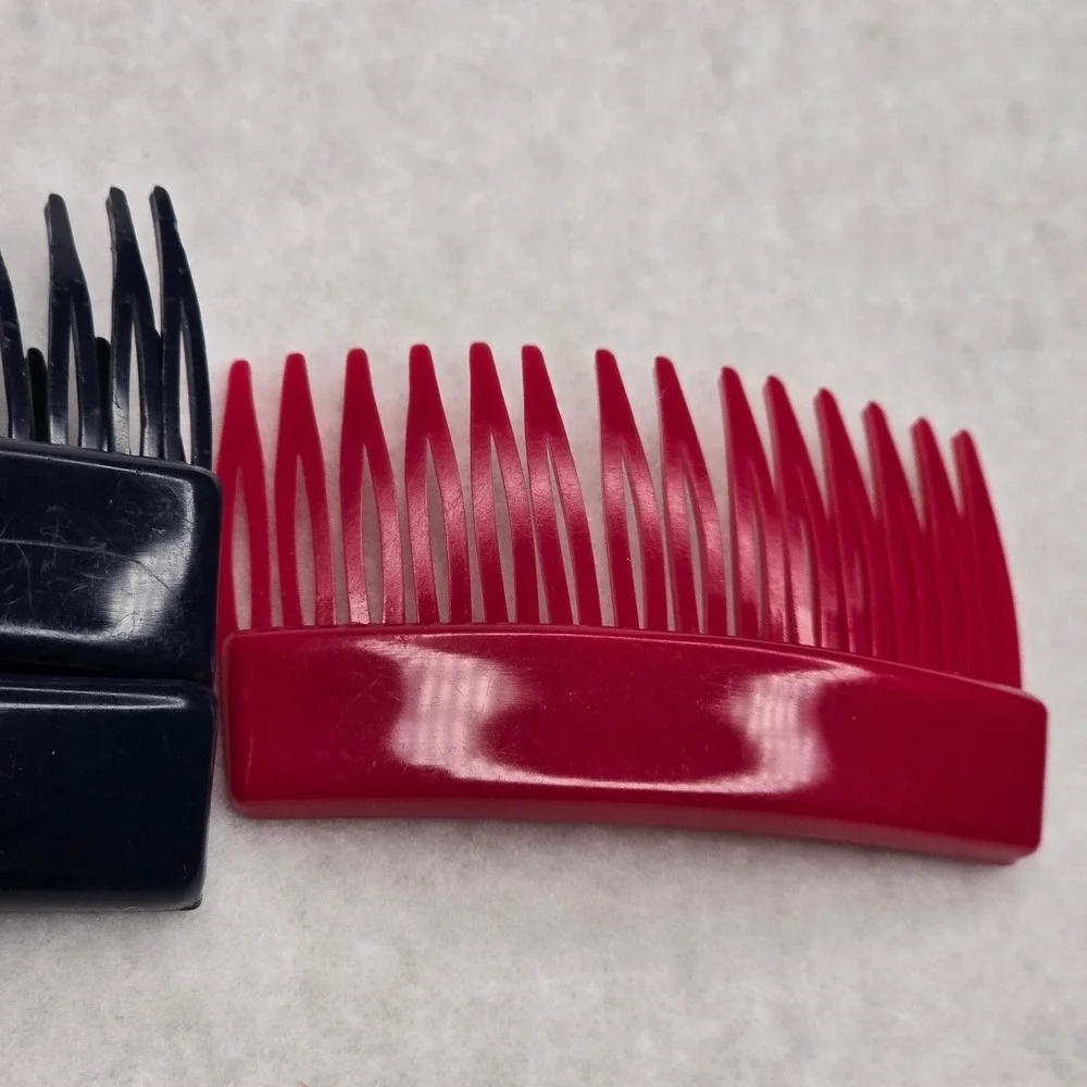 Vintage France Hair Side Tuck Combs Navy Blue Raspberry Plastic Accessory