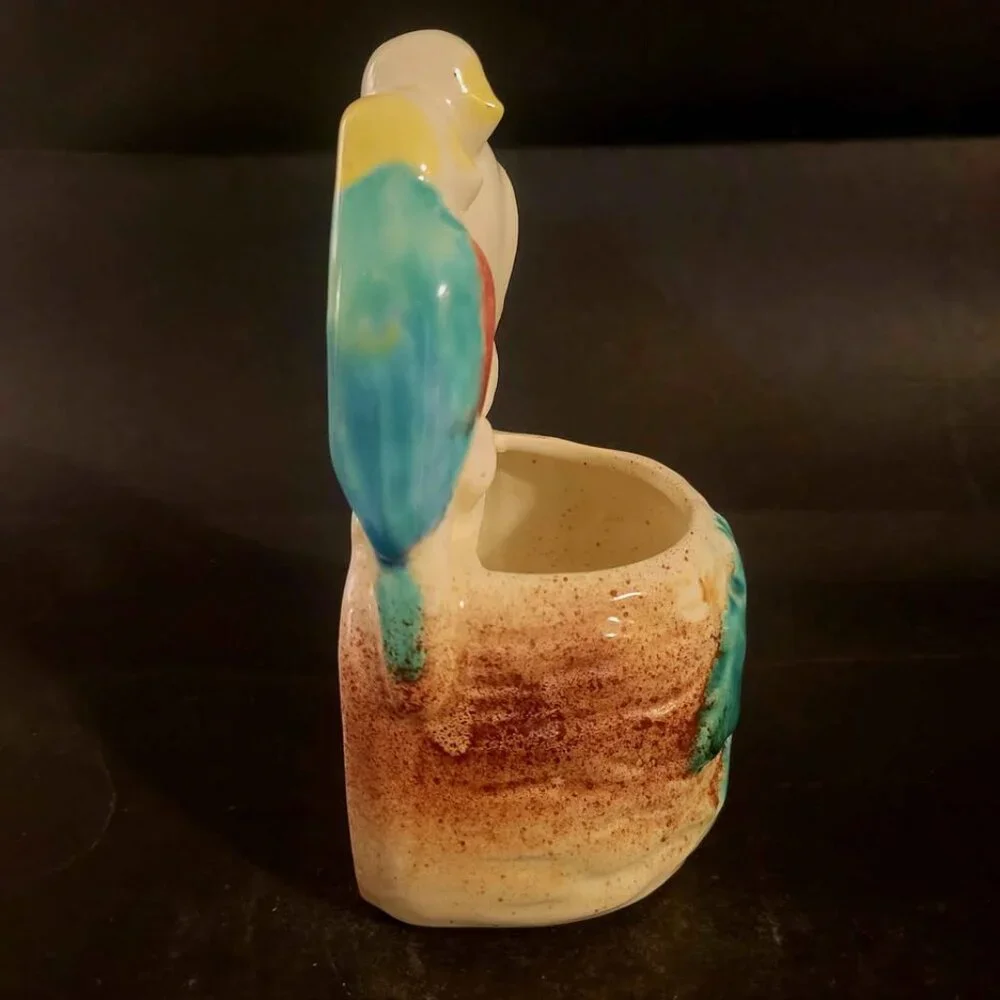Two Lovebirds Or Parakeets Perched Together On A Tree Trunk Wall Pocket 1950's