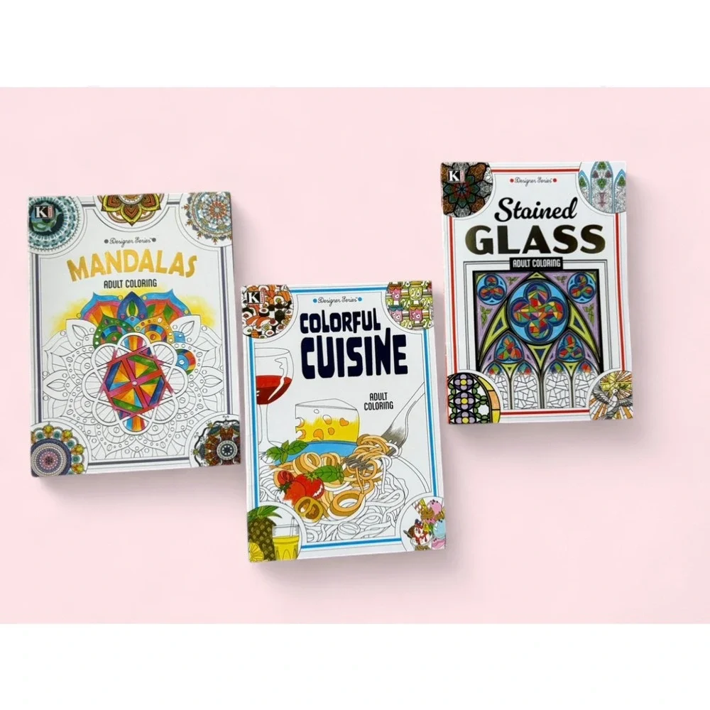Kappa Designer Series Adult Coloring Book Set Mandalas Cuisine Stained Glass 3pk