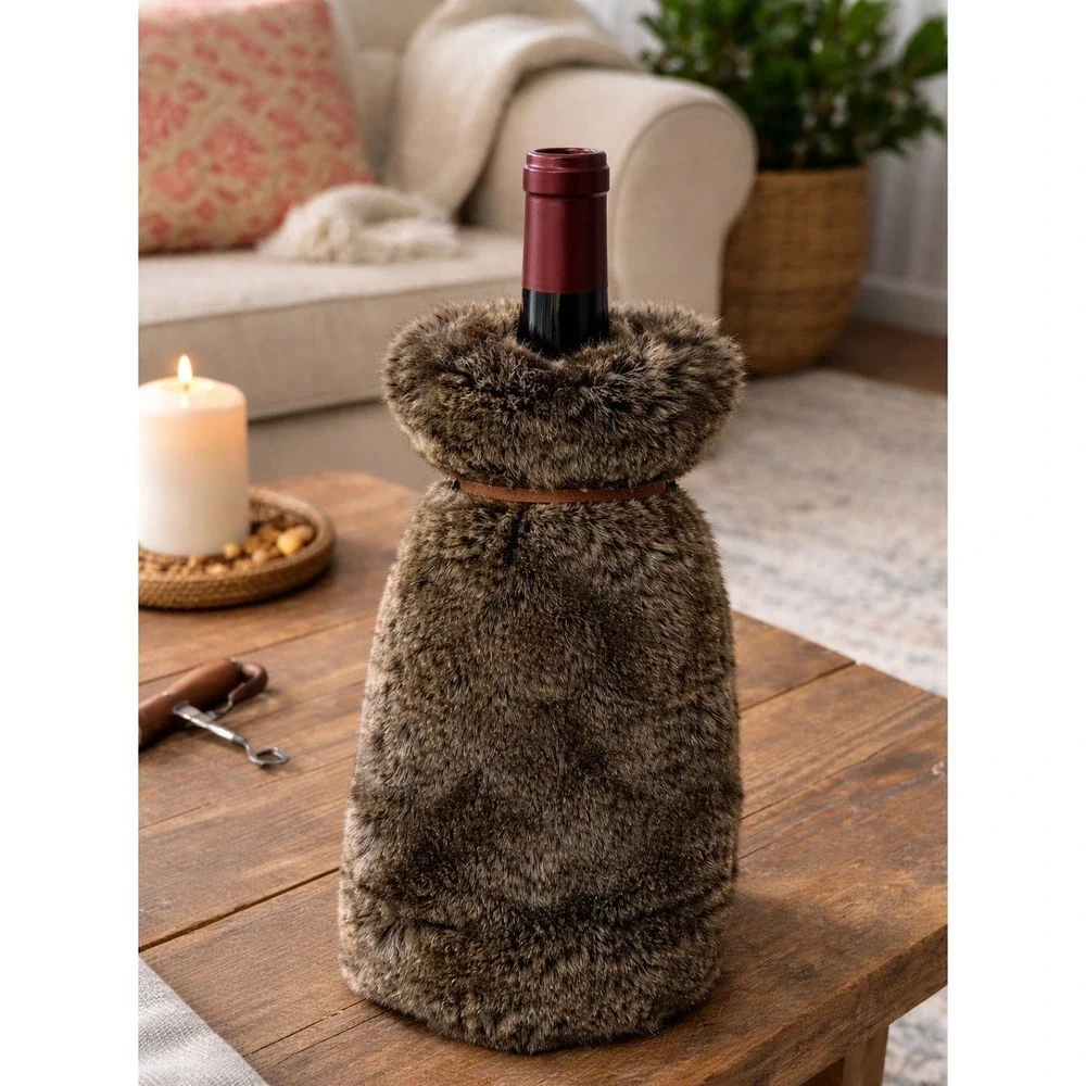 Restoration Hardware RH Ultra Faux Fur Wine Bottle Bag Brown NWOT