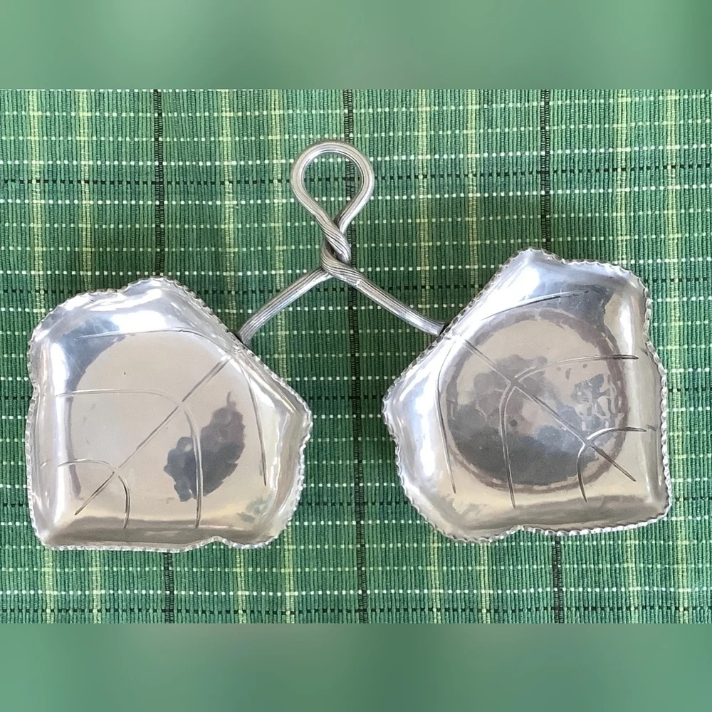 Mid-Century Hammered Aluminum Dual Leaf-Shaped Dish