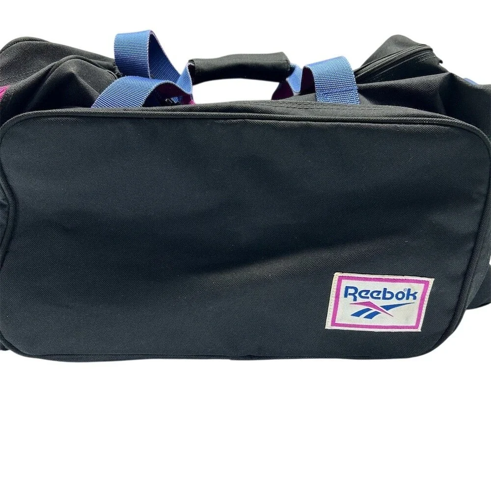 Reebok Vintage Duffle Gym Travel Bag Black Blue Straps Pink Zippers Mesh 90s