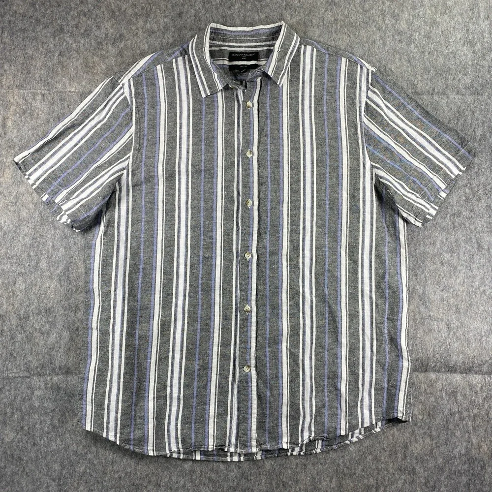 Banana Republic Linen Shirt Men's XL Slim‎ Striped Short Sleeve Gray Blue Summer
