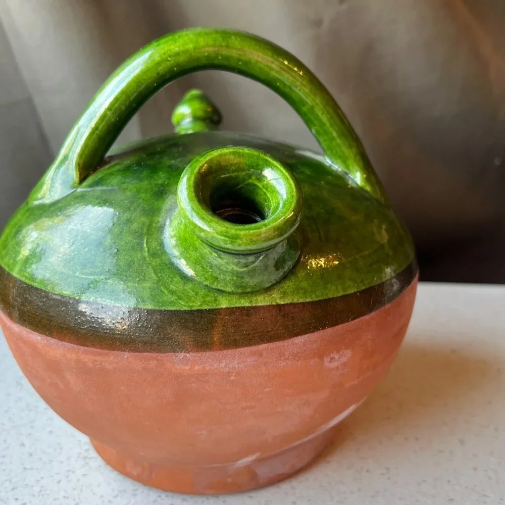 Handcrafted Green Glazed & Terracotta Clay French Gargoulette Confit Oil Jug