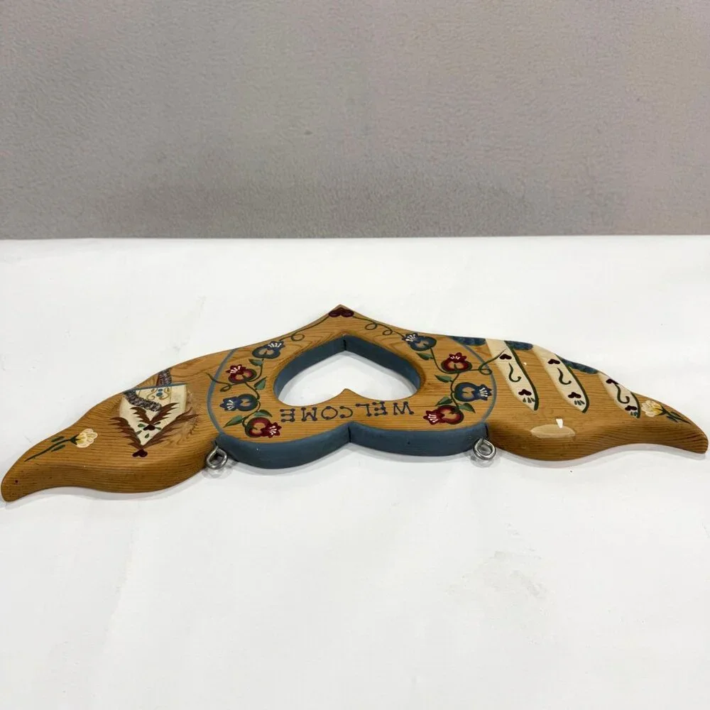 Vintage Hanging Welcome Sign Heart Painted Folk Art Floral Mexico Handcrafted