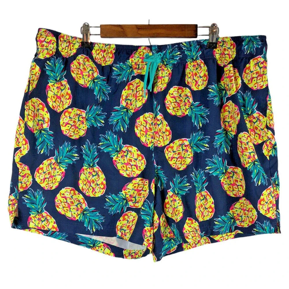 George Size 3XL Swim Trunks Pineapple Print Mens Blue Fruit Tropical Shorts
