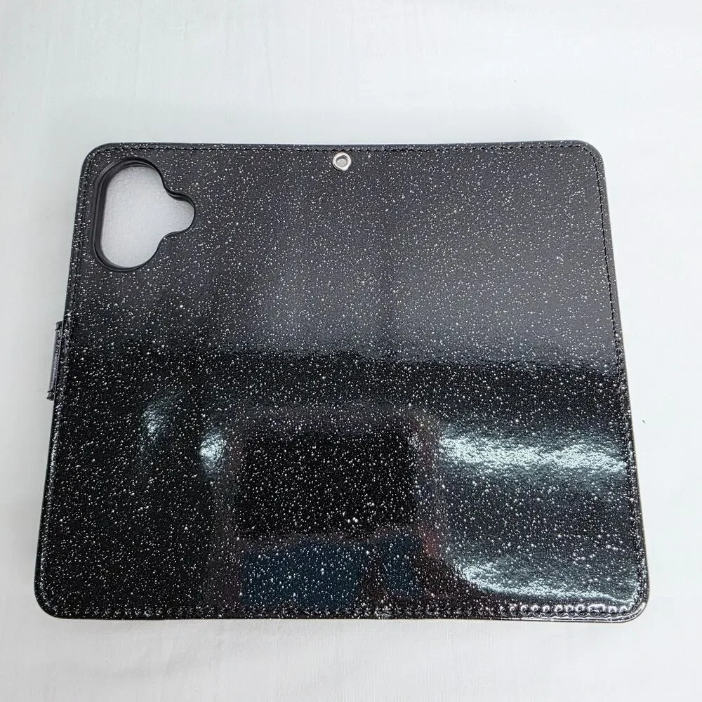 iPhone 16 Pro Black Glitter Phone Case With Detachable Wallet with Card Holder