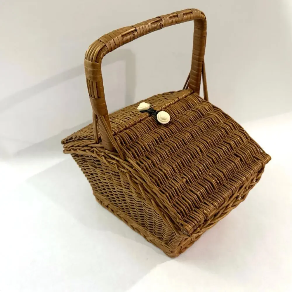 Wicker Basket Sewing Double Hinged Lid Bead Cord Tie Closure 10 x 12