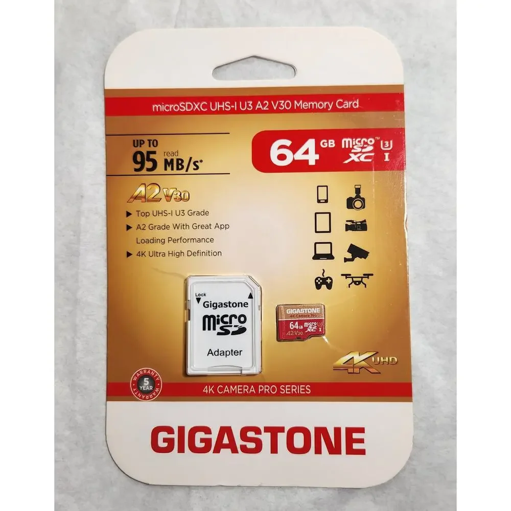 Gigastone Micro SDXC 64GB UHS-1 U3 A2 V30 4K Pro Series Memory Card W /Adapter