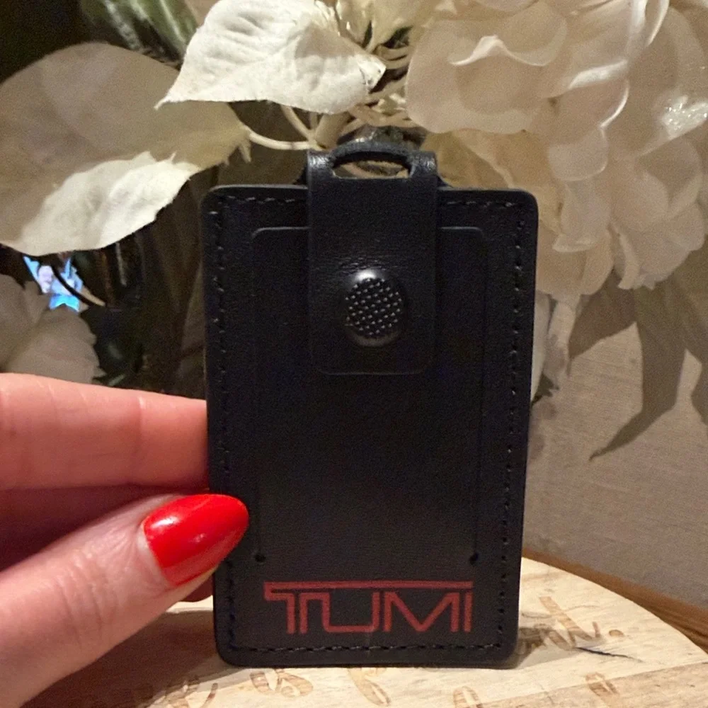 TUMI Black Leather luggage TAG NEW Missing strap