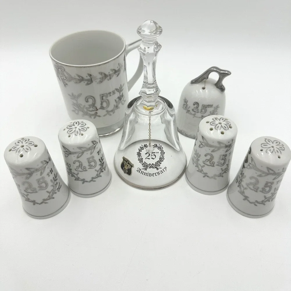 Lefton E&R France 25th Anniversary Porcelain Silver Cup Shakers Crystal Bell