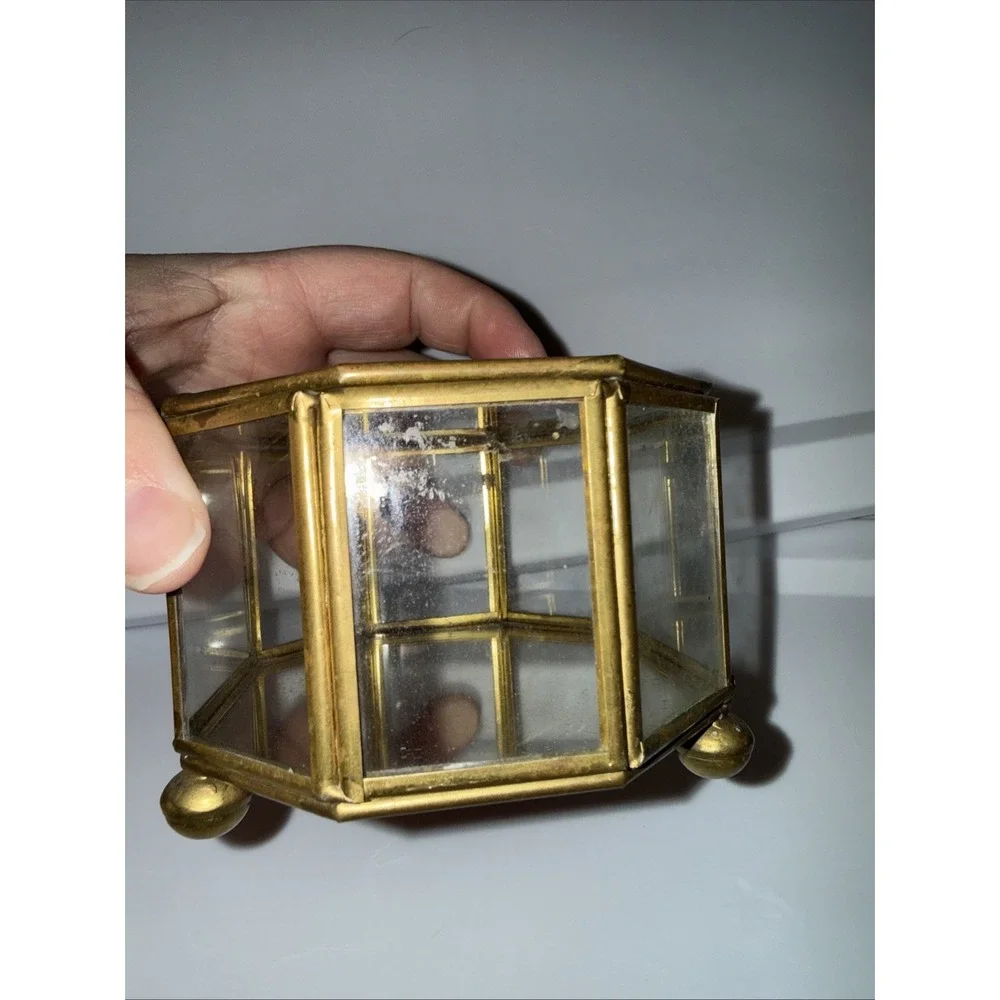 Vtg Walmart Glass & Brass Trinket Jewelry Box Mirror Bottom Painted Butterfly