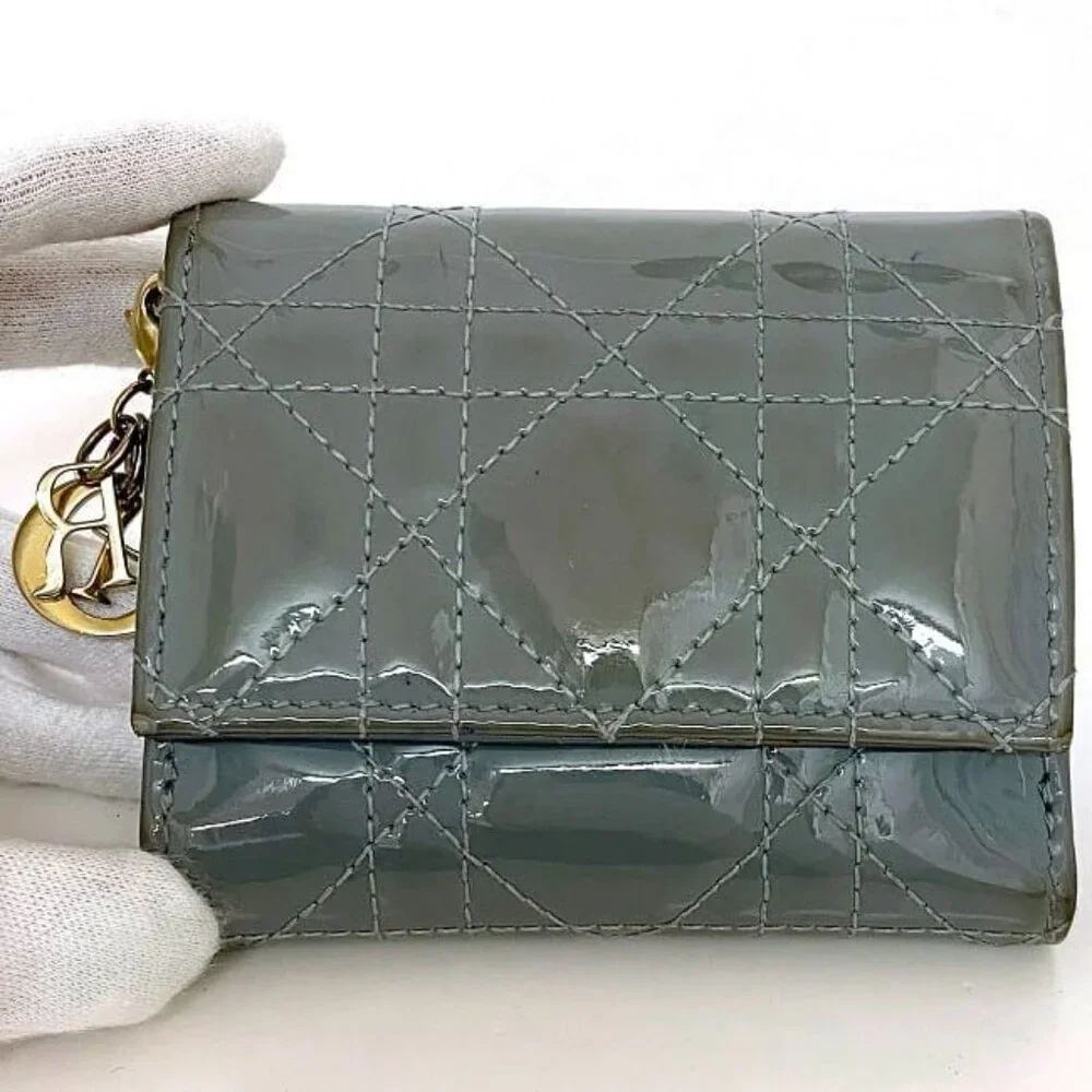 Christian Dior Trifold Wallet Gray Lady Dior Cannage