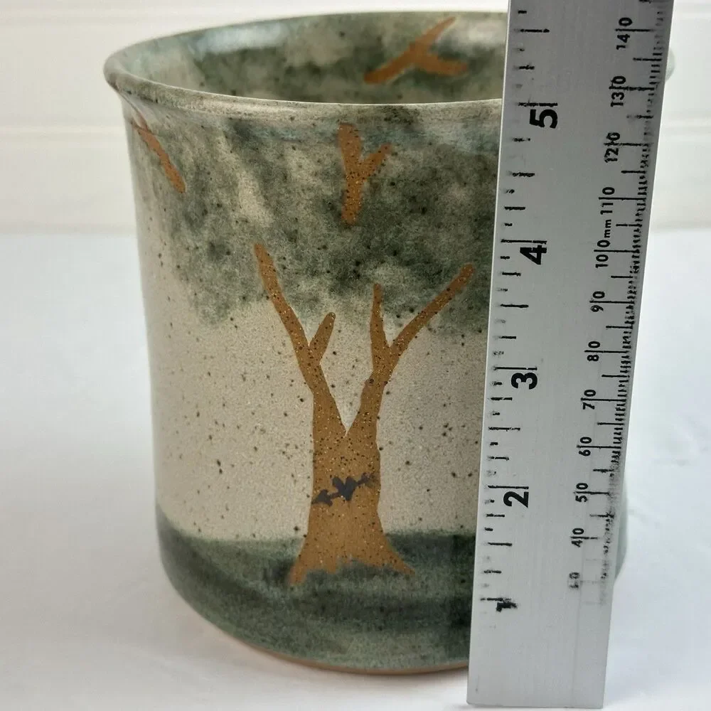 Artisan Utensil Holder Stoneware Art Pottery Crock Painted Tree Green Brown Boho