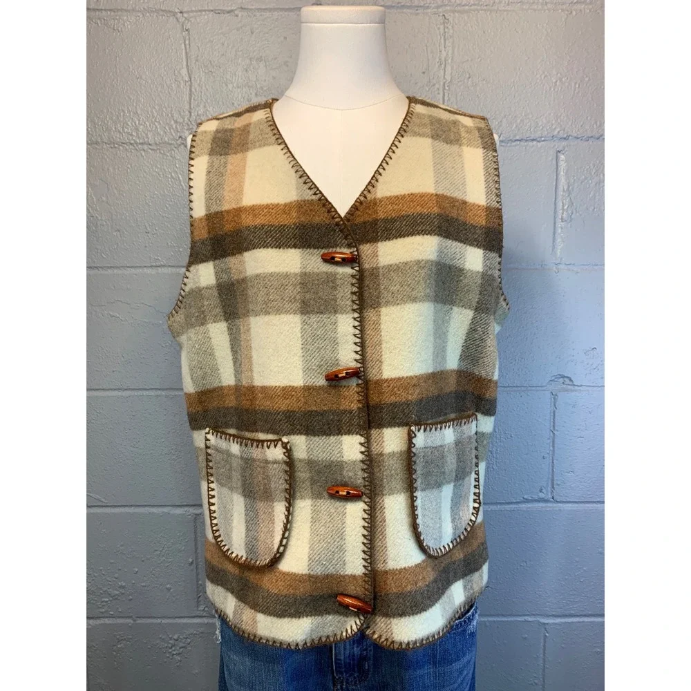 Caletta Mayoral Vintage Plaid Wool Blend Toggle Blanket Vest Brown Tan Size 16
