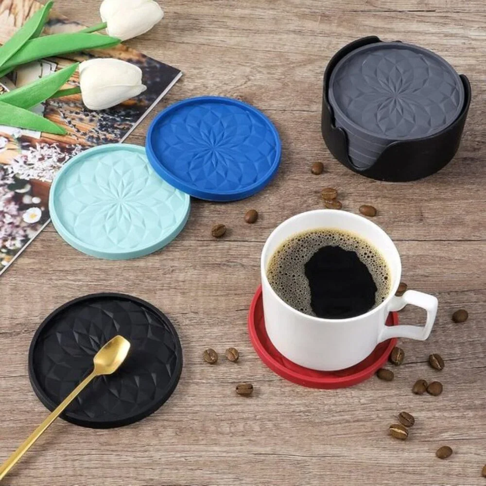 6 Pack Silicone Coasters with Holder, Non-Slip Cup Mats for Hot & Cold Drinks