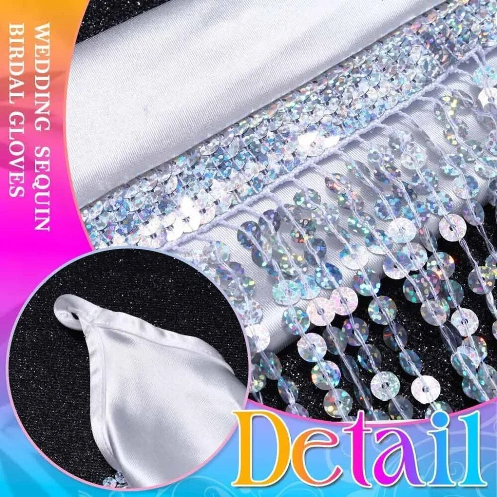 Long Satin Fingerless Gloves Sequin Tassel Elbow Length Wedding Halloween