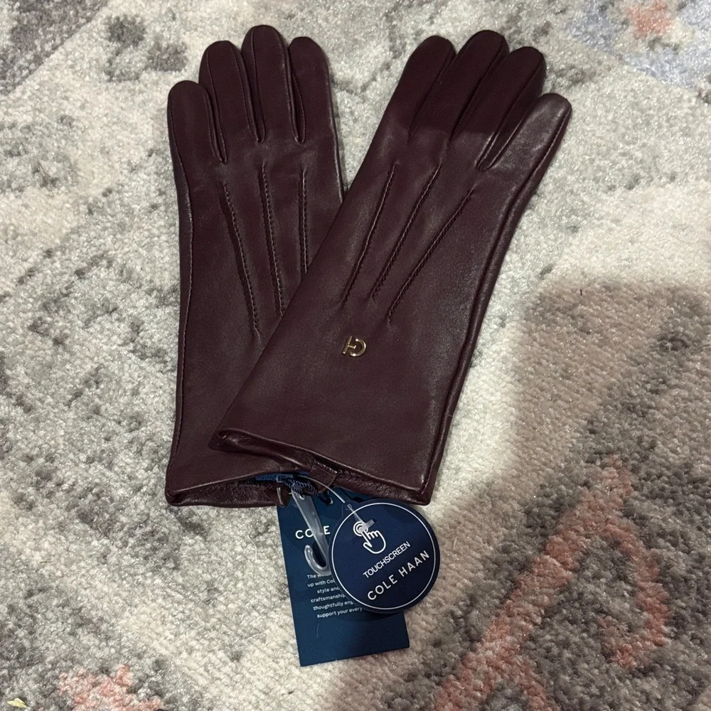 Cole Haan Women's Burgundy Leather Gloves with Gold Logo