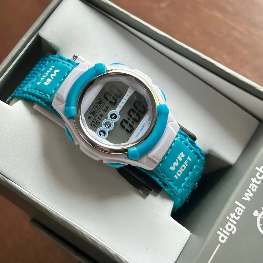 Blue & White Digital Watch Water Resistant Working New Battery
