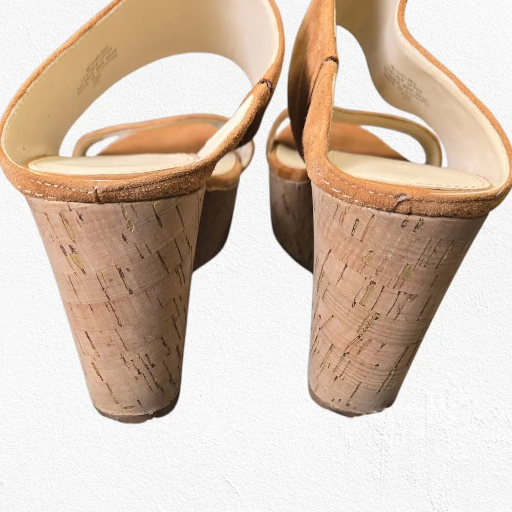 Marc Fisher Shelbee Tan Tawny Suede Slip On Cork Wedge Platform Sandals Size 7.5