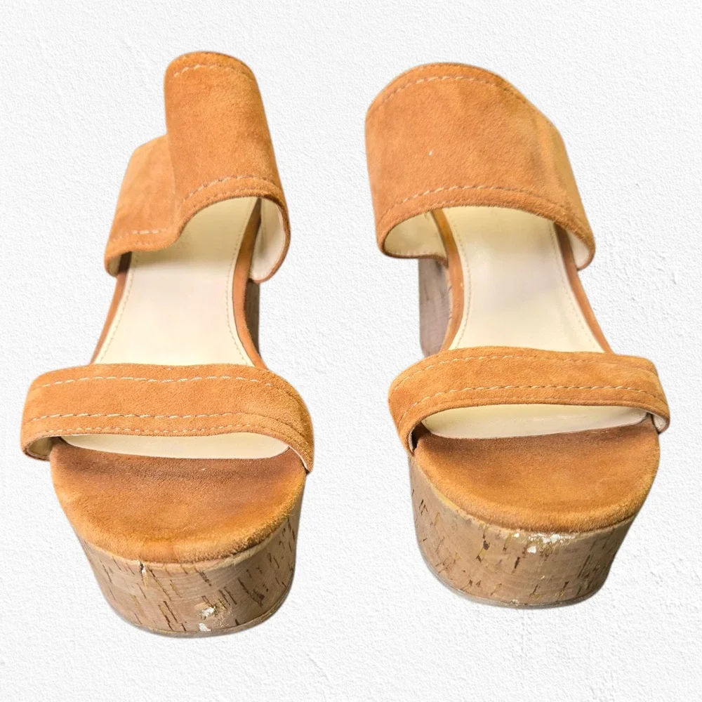 Marc Fisher Shelbee Tan Tawny Suede Slip On Cork Wedge Platform Sandals Size 7.5