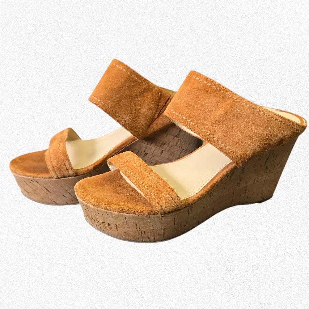 Marc Fisher Shelbee Tan Tawny Suede Slip On Cork Wedge Platform Sandals Size 7.5